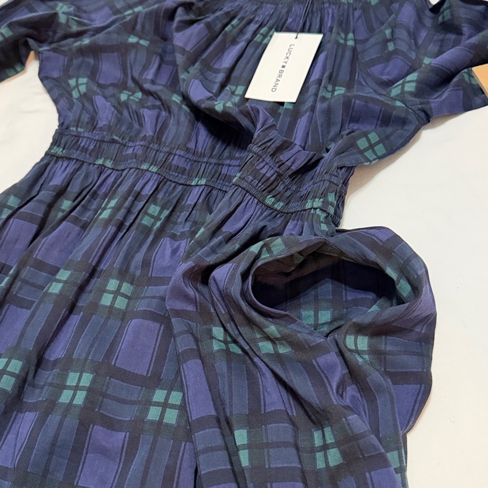 Lucky Brand Plaid Maxi Dress in Blue and Green Long Sleeves L NWT - Picture 7 of 9